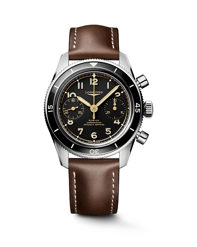 Longines Spirit Pilot Flyback Leather Strap Watch, 39.5mm In Brown