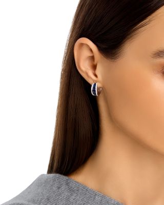 Blue Sapphire & Diamond Huggie Hoop Earrings in 14K White Gold