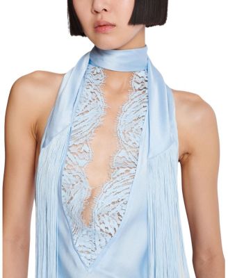  Backless Fringed Satin Top