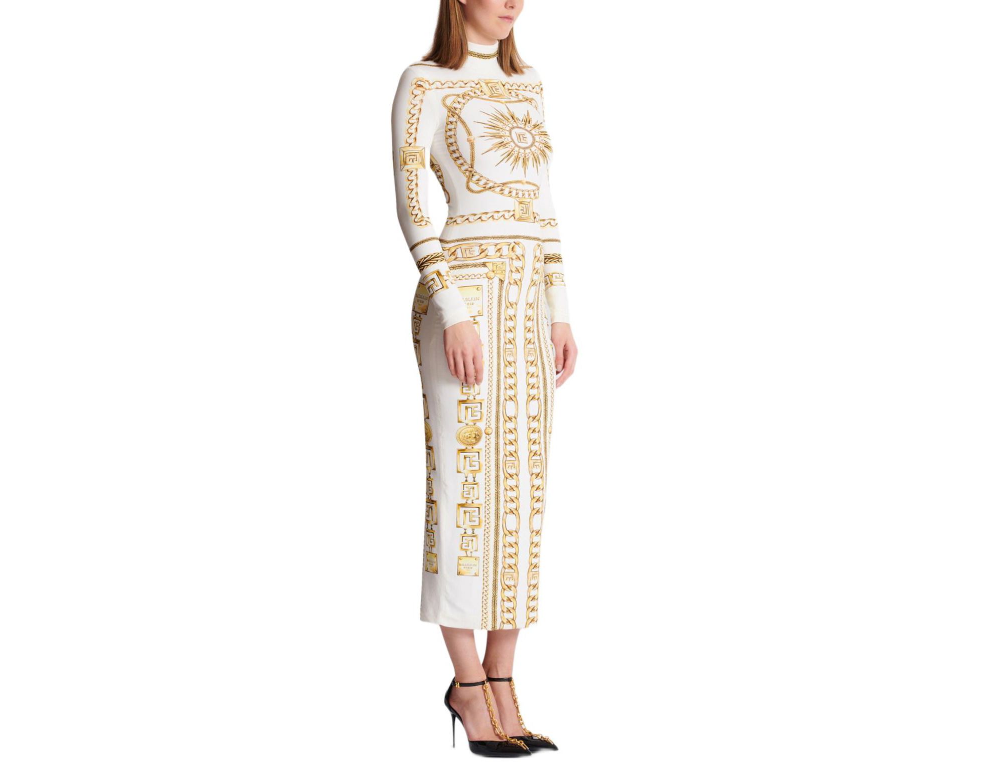 Long Printed Bodycon Dress with Balmain Foulard Pattern — Image 5
