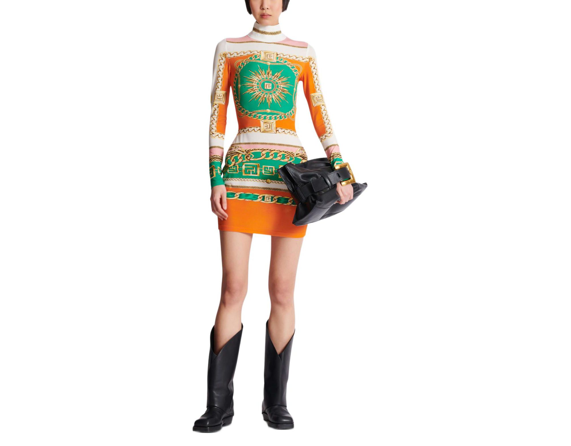 Short Printed Bodycon Dress with Balmain Foulard Pattern — Image 3