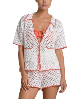 Contrast Button Front Swim Cover Up Shirt