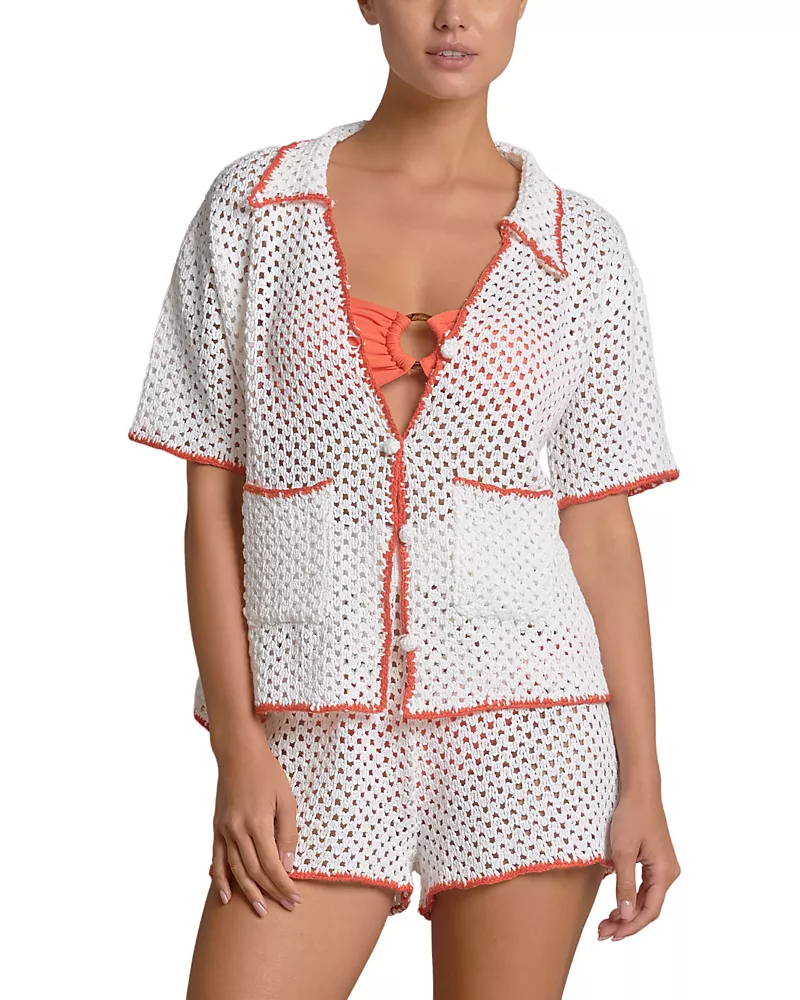 Elan Contrast Button Front Swim Cover Up Shirt
