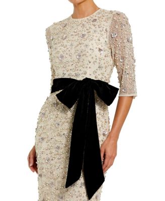  Beaded Mesh 3/4 Sleeve Column Gown With Bow Belt