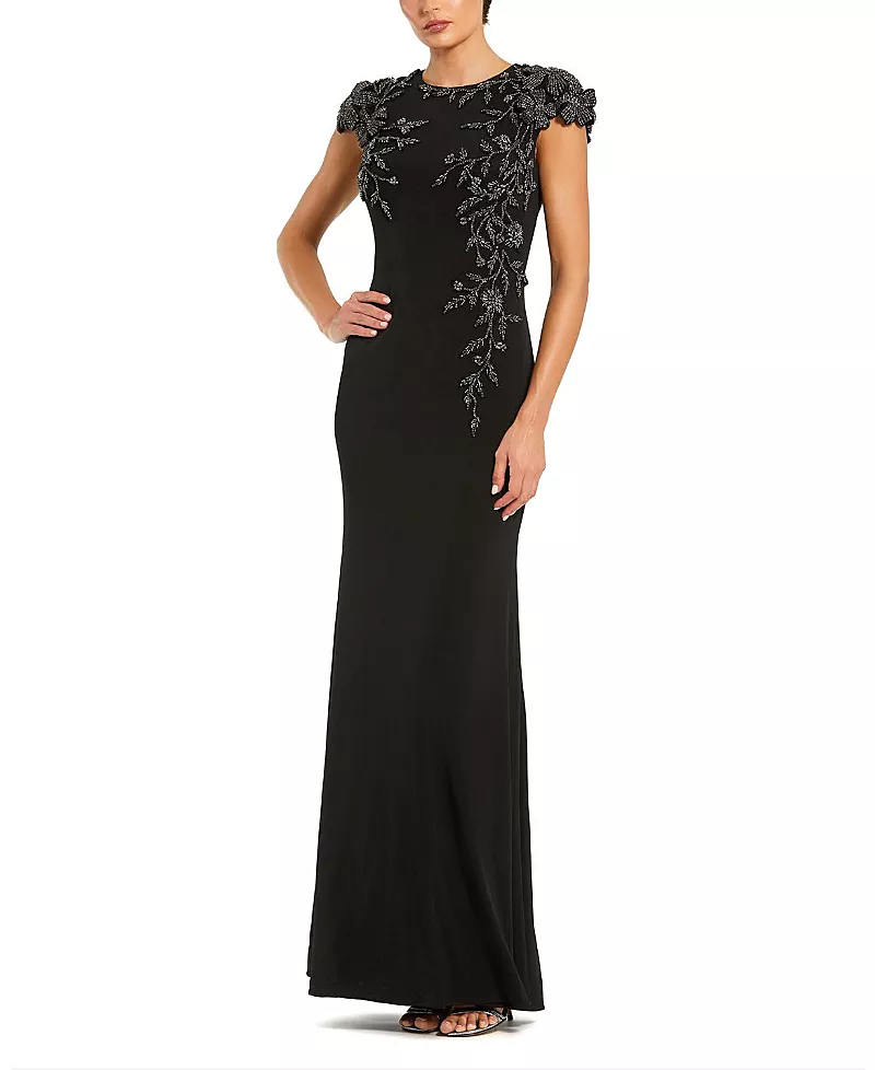 Mac Duggal Jersey Cap Sleeve Fitted Gown with Beaded Flowers