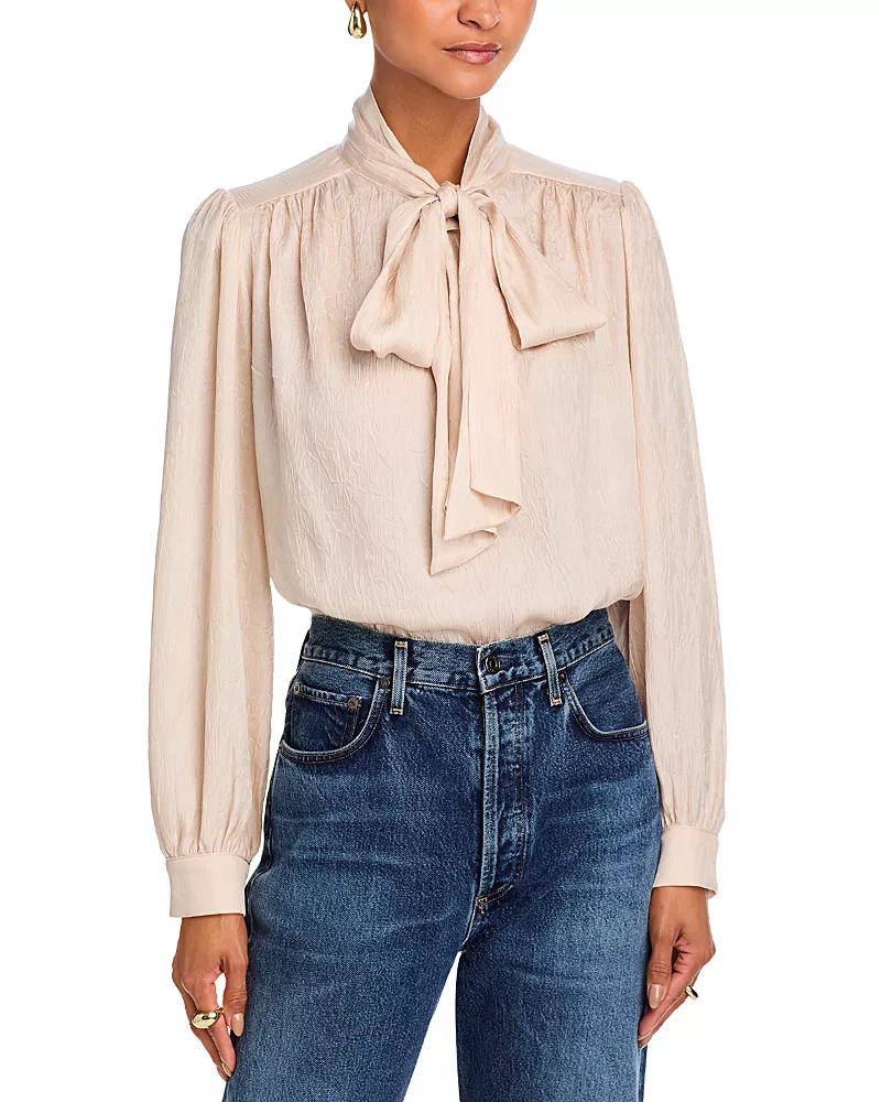 Aqua Metallic Bow Long Sleeve Blouse - Exclusive