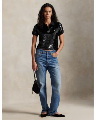 Sequined Mesh Crop Polo Shirt