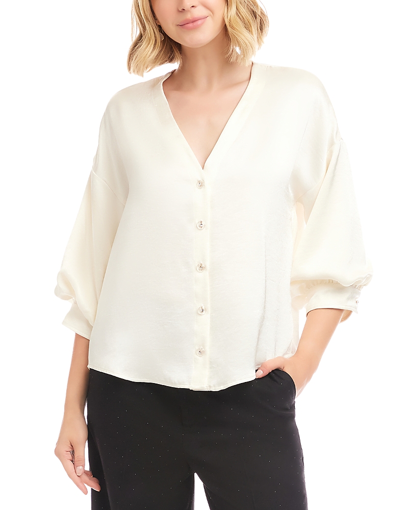 Karen Kane Lantern Sleeve Satin Shirt In White