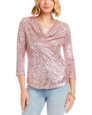 Three Quarter Sleeve Drape Front Sequin Top