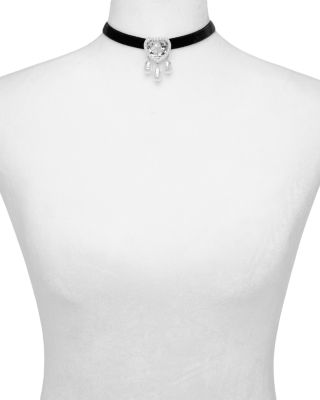Rhinestone Heart & Imitation Pearl Charm Velvet Ribbon Choker Necklace, 12"-14" - Exclusive