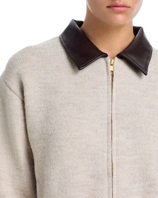 Faux Leather Collar Zip Up Cardigan