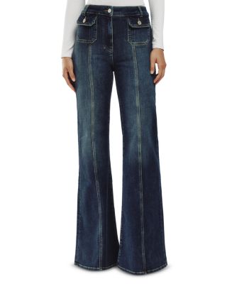 Glora Button Detail High Rise Flare Jeans in Mid Blue