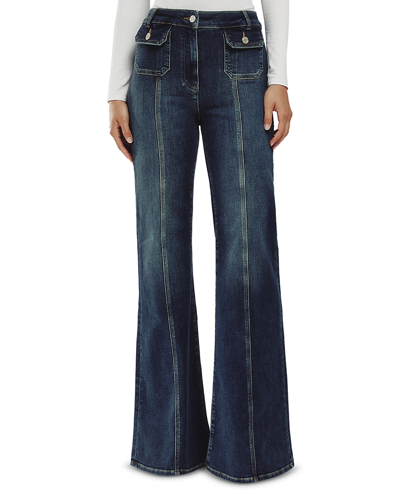 Reiss Glora Button Detail High Rise Flare Jeans In Mid Blue In Blue