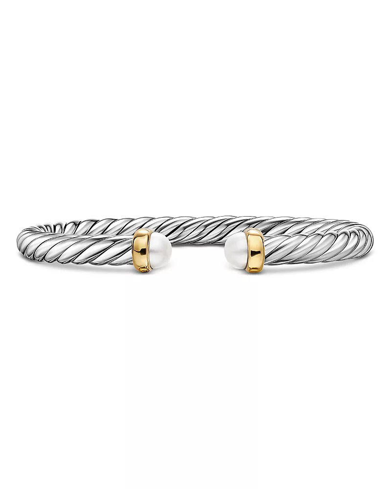 David Yurman Cable Flex Bracelet in Sterling Silver with 14K Yellow Gold and Pearls, 6mm