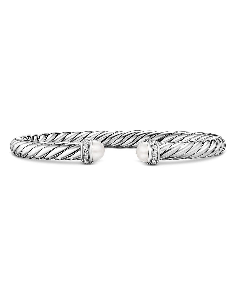 Cable Flex Bracelet in Sterling Silver with Pearls and Diamonds, 6mm