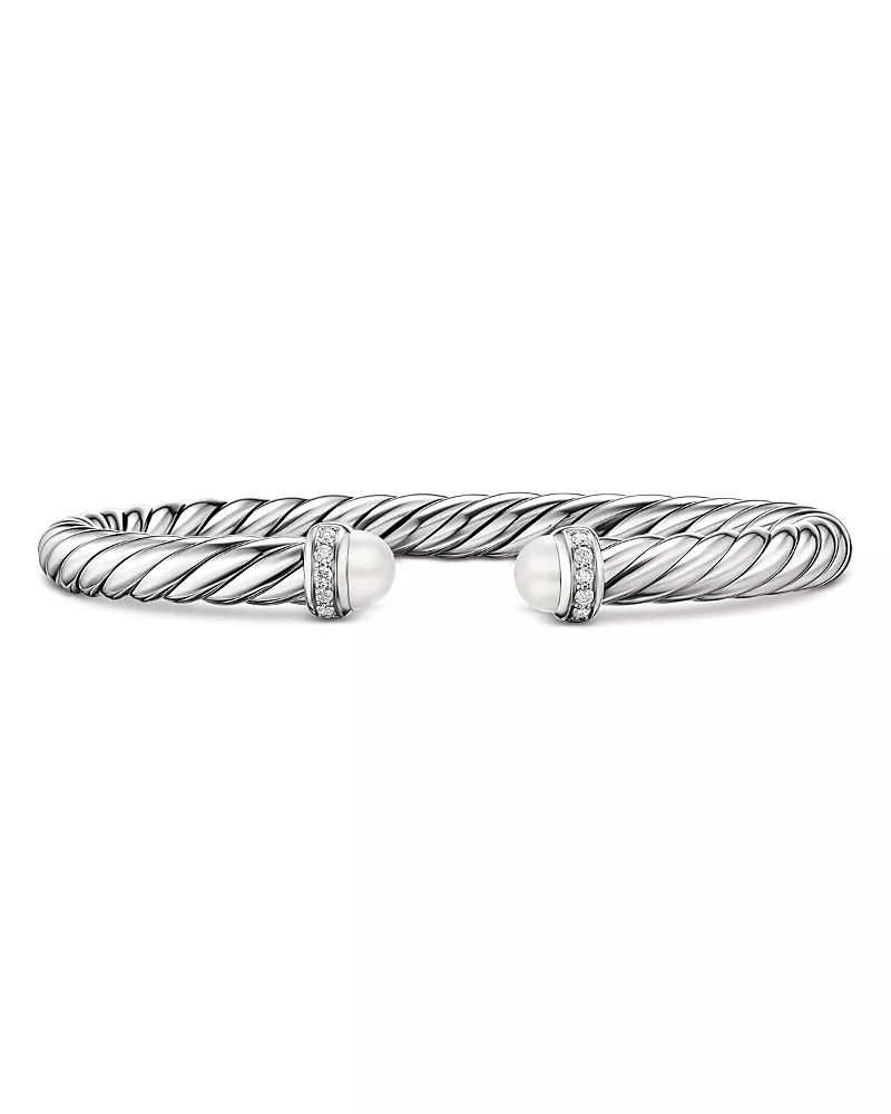 Cable Flex Bracelet in Sterling Silver with Pearls and Diamonds, 6mm