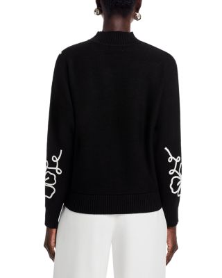 Long Dolman Sleeve Mock Neck Flower Embroidery Sweater