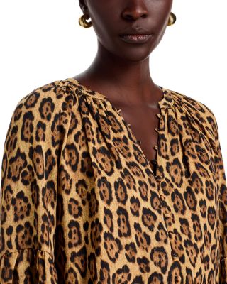 Split V Neck Leopard Print Button Down Blouse