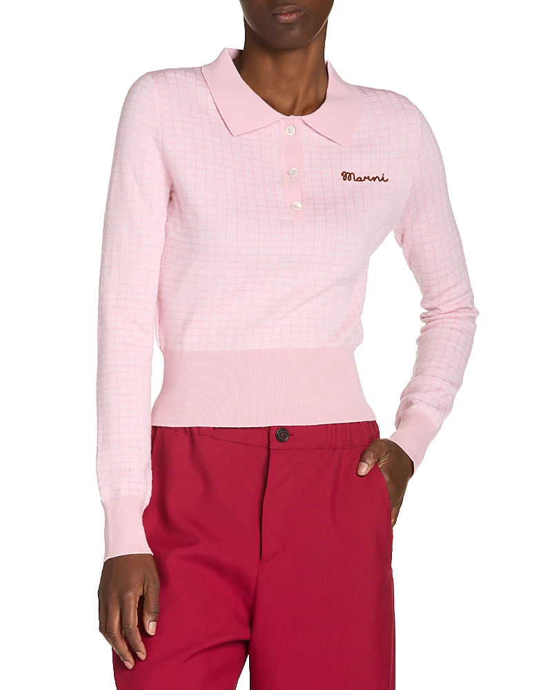 Marni Wool Silk Check Polo Sweater In Pink
