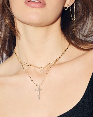 Diamond Pav&eacute; Cross Triple Pendant Necklace in 14K Yellow Gold, 0.17 tcw