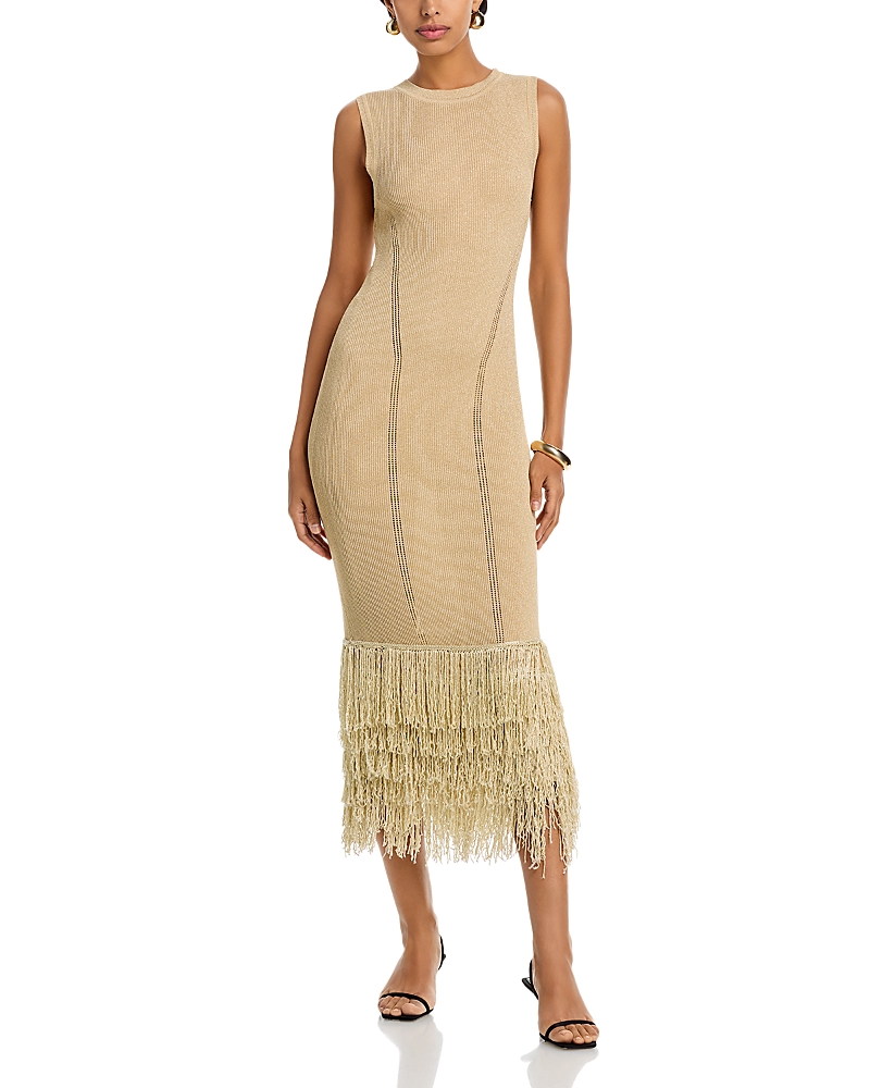 Milly Raz Metallic Rib Fringe Dress In Neutral