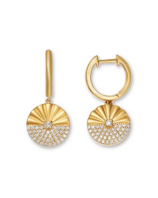 Diamond Pav&eacute; Ridge Textured Circle Drop Earrings in 14K Yellow Gold, 0.42 tcw