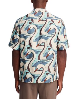 Swan Print Short Sleeved Regular Fit Button Down Shirt