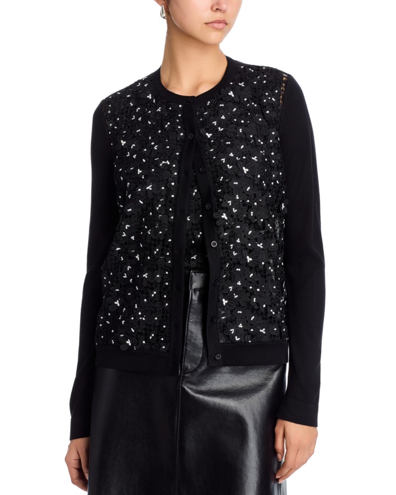 Oscar de la Renta Crewneck Cardigan Sweater in Balck/ White