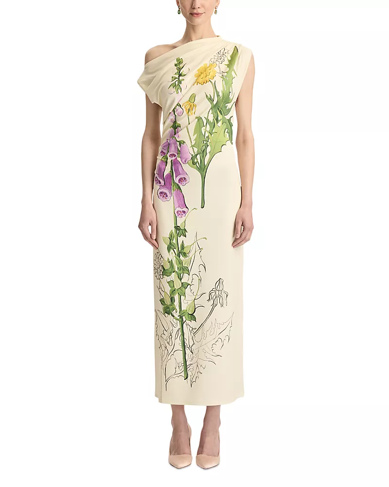 Oscar de la Renta Foxglove Print Drape Jersey Dress