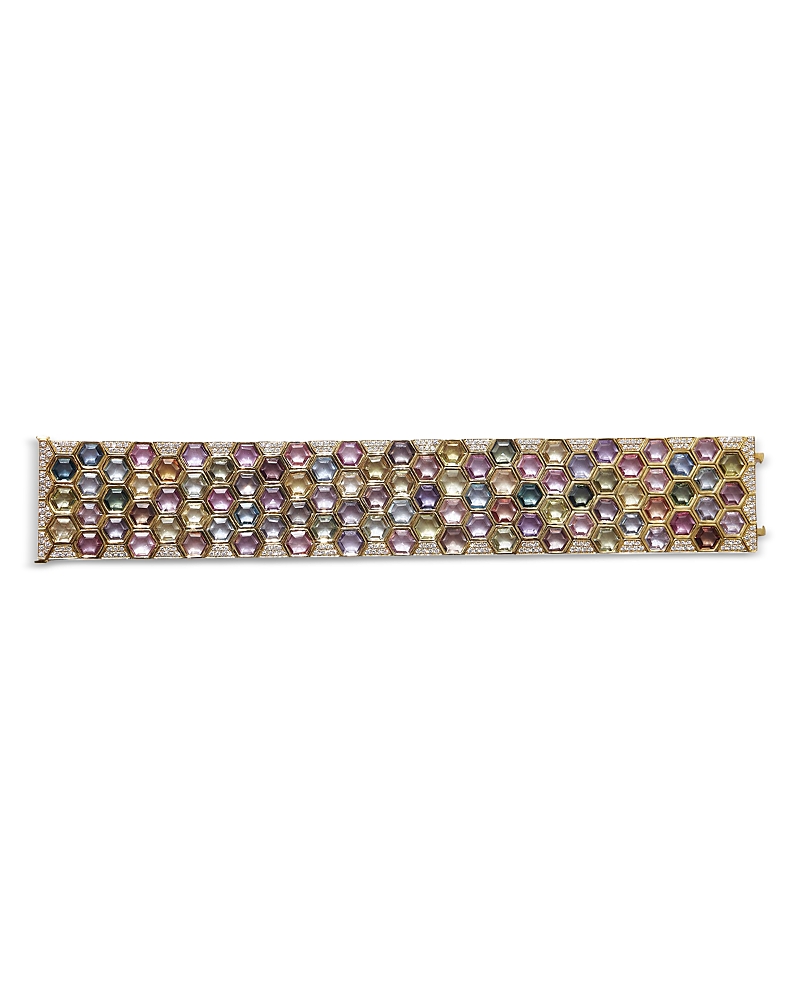 Piranesi 18k Yellow Gold Honeycomb Rainbow Sapphire & Diamond Pave Cuff Bracelet In Gold