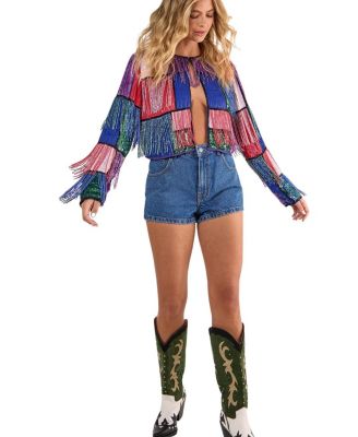 Colour Block Check Tassel Sequin Jacket