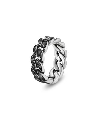 Men's Curb Chain Band Ring in Sterling Silver with Black Diamonds, 8mm