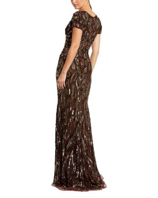  Embellished V-Neck Cap Sleeve Column Gown