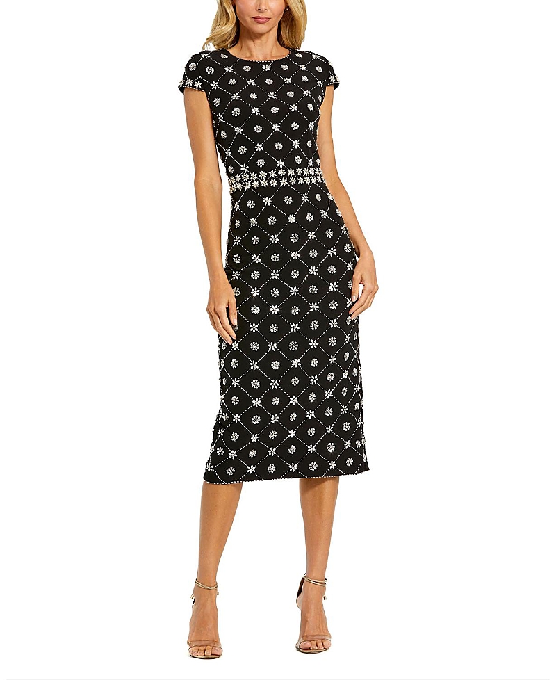 Mac Duggal Crepe Embellished High Neck Cap Sleeve Midi Dress