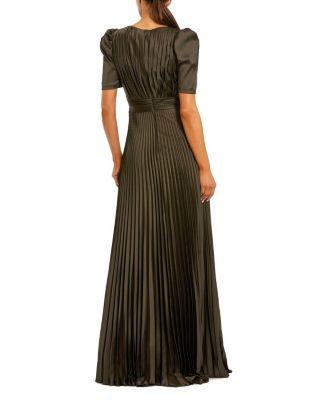  Pleated Charmeuse Puff Sleeve Gown with Slit