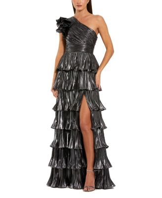  Pleated Metallic Ruffle Tiered One Shoulder Gown