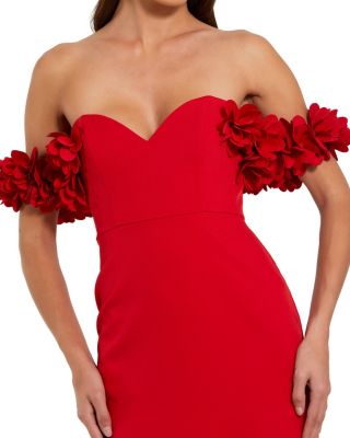  Off-the-Shoulder Crepe Gown with 3D Floral Applique