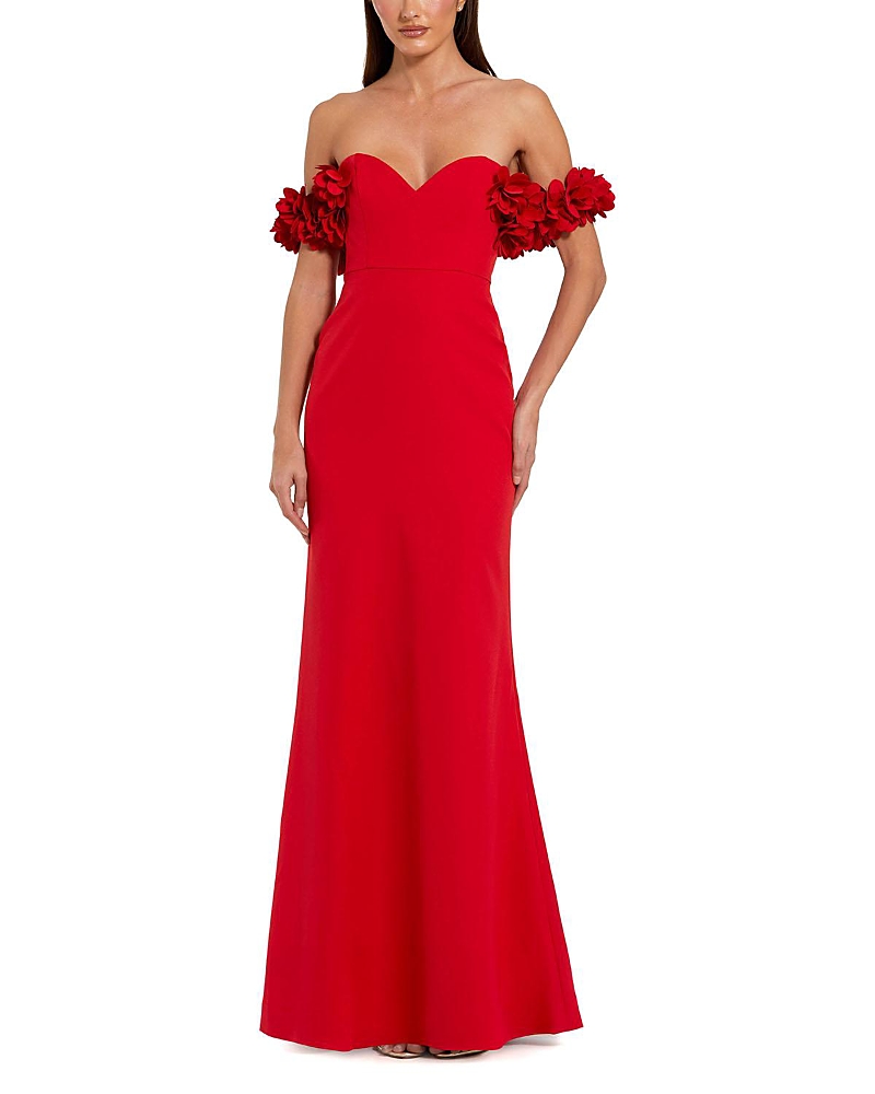 Mac Duggal Off-the-shoulder Crepe Gown With 3d Floral Applique In Red