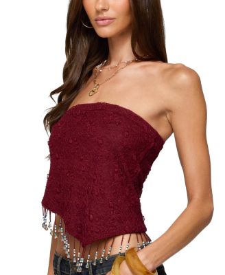 Textured Asymmetric Bead Fringe Strapless Top