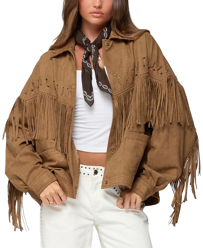 Edikted Evonka Fringe Faux Suede Jacket In Brown