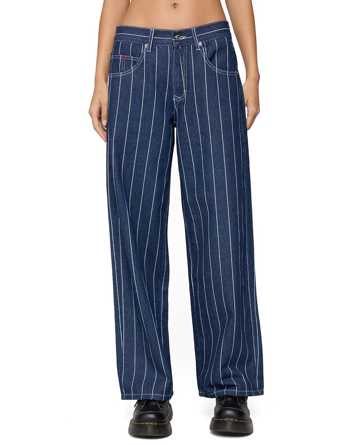 Edikted Kyler Pinstripe Low Rise Dark Rinse Wash Jeans