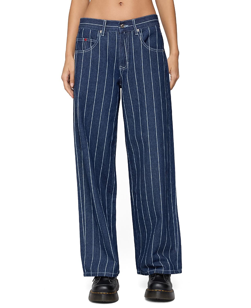 Edikted Kyler Pinstripe Low Rise Dark Rinse Wash Jeans In Blue