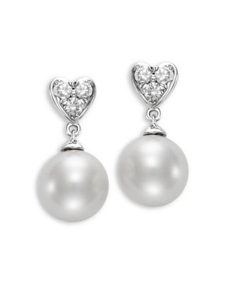 Cultured Freshwater Pearl & Diamond Heart Drop Earrings in 14K White Gold