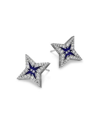 18K White Gold Stardust Diamond & Blue Ceramic Star Stud Earrings