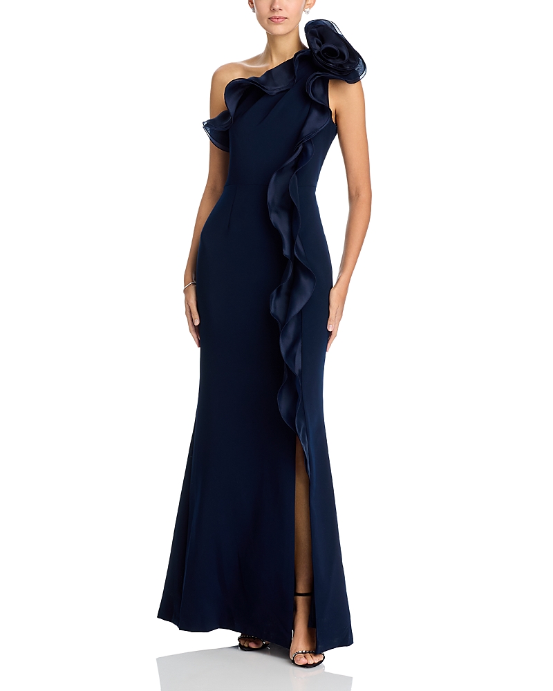 Teri Jon by Rickie Freeman One Shoulder Crepe Column Gown
