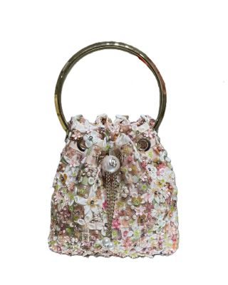 Bon Bon Floral Embroidered Mesh Top Handle Bucket Bag