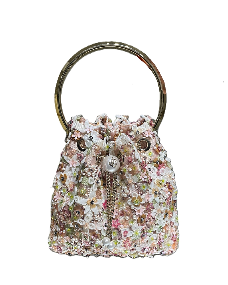 Jimmy Choo Bon Bon Floral Embroidered Mesh Top Handle Bucket Bag In Multi