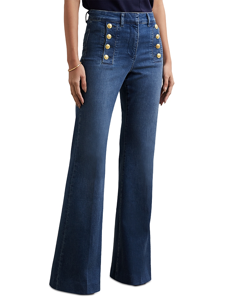 Reiss Mid Blue Button-detail High-rise Flared Jeans In Blue