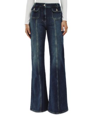 Petite Glora Mid Rise Button Detail Flare Jeans in Mid Blue