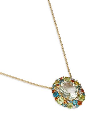 Prasiolite, Multi Gemstone & Diamond Halo Pendant Necklace in 14k Yellow Gold, 18"